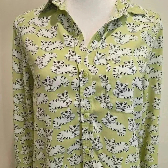 Beach Lunch Lounge Long Sleeve Button-up Cat print Shirt Blouse Women's SP - Picture 2 of 9